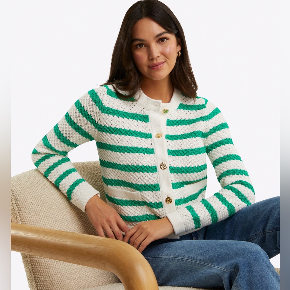 NWT Draper James Rita crewneck green & white striped cardigan size large - Picture 6 of 7